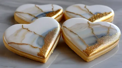 Four Heart Shaped Cookies With Gold Edible Glitter
