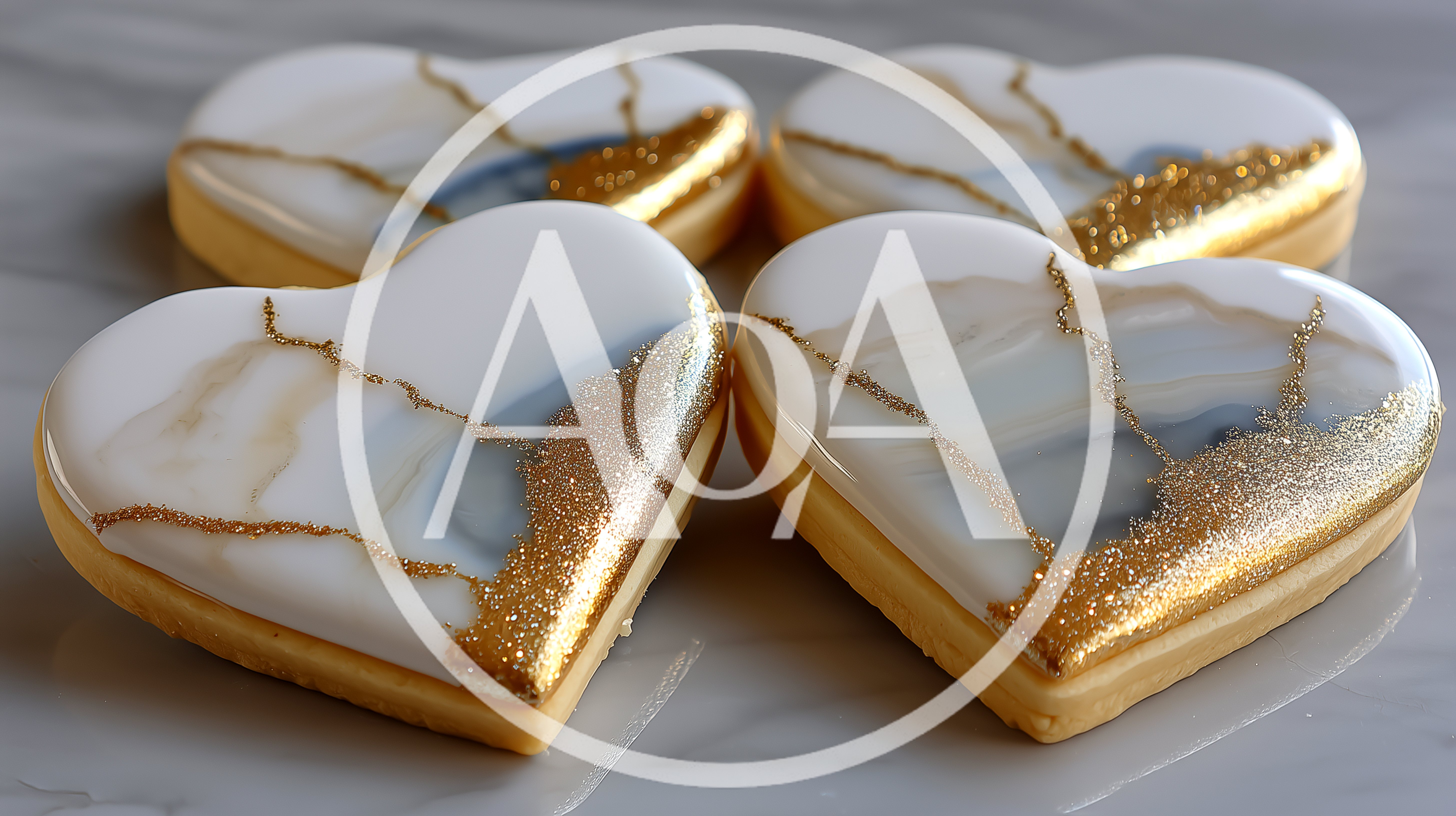 Four Heart Shaped Cookies With Gold Edible Glitter