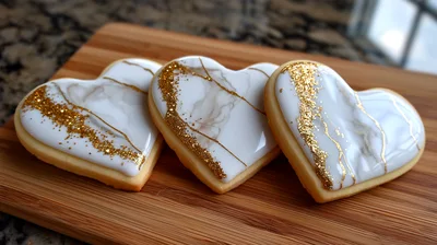 Three Heart Shaped Marble Cookies With Gold Accents