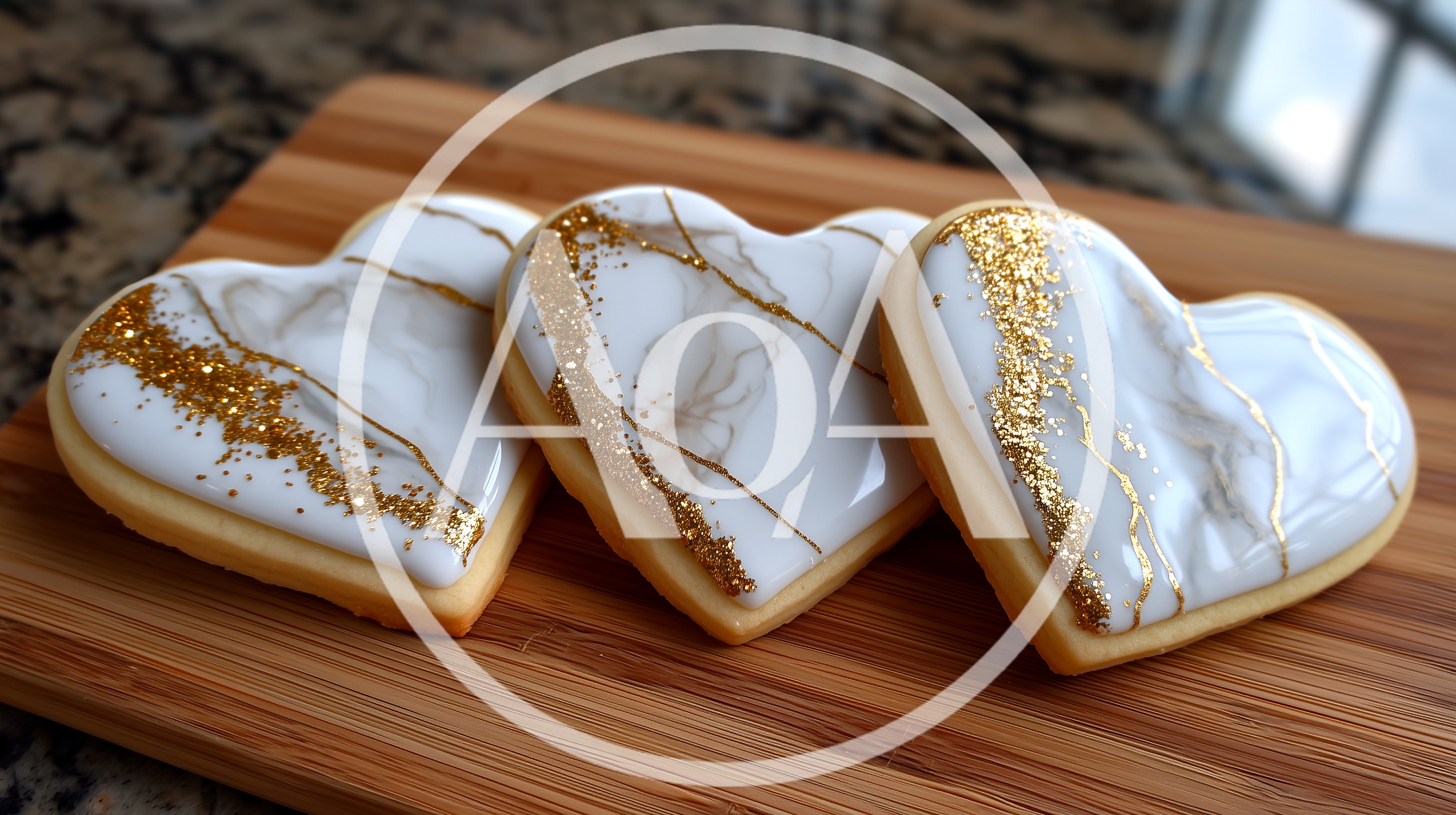 Three Heart Shaped Marble Cookies With Gold Accents