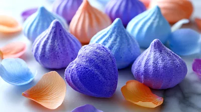 Colorful Meringue Cookies And Petals On Marble