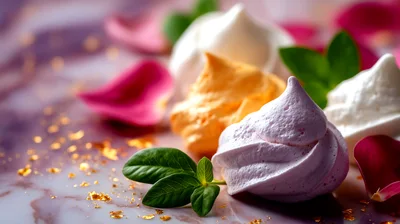 Colorful Meringue Cookies With Rose Petals And Gold Flakes