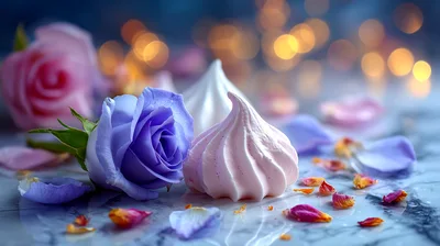 Blue Rose and Pink Meringue Cookies on Marble