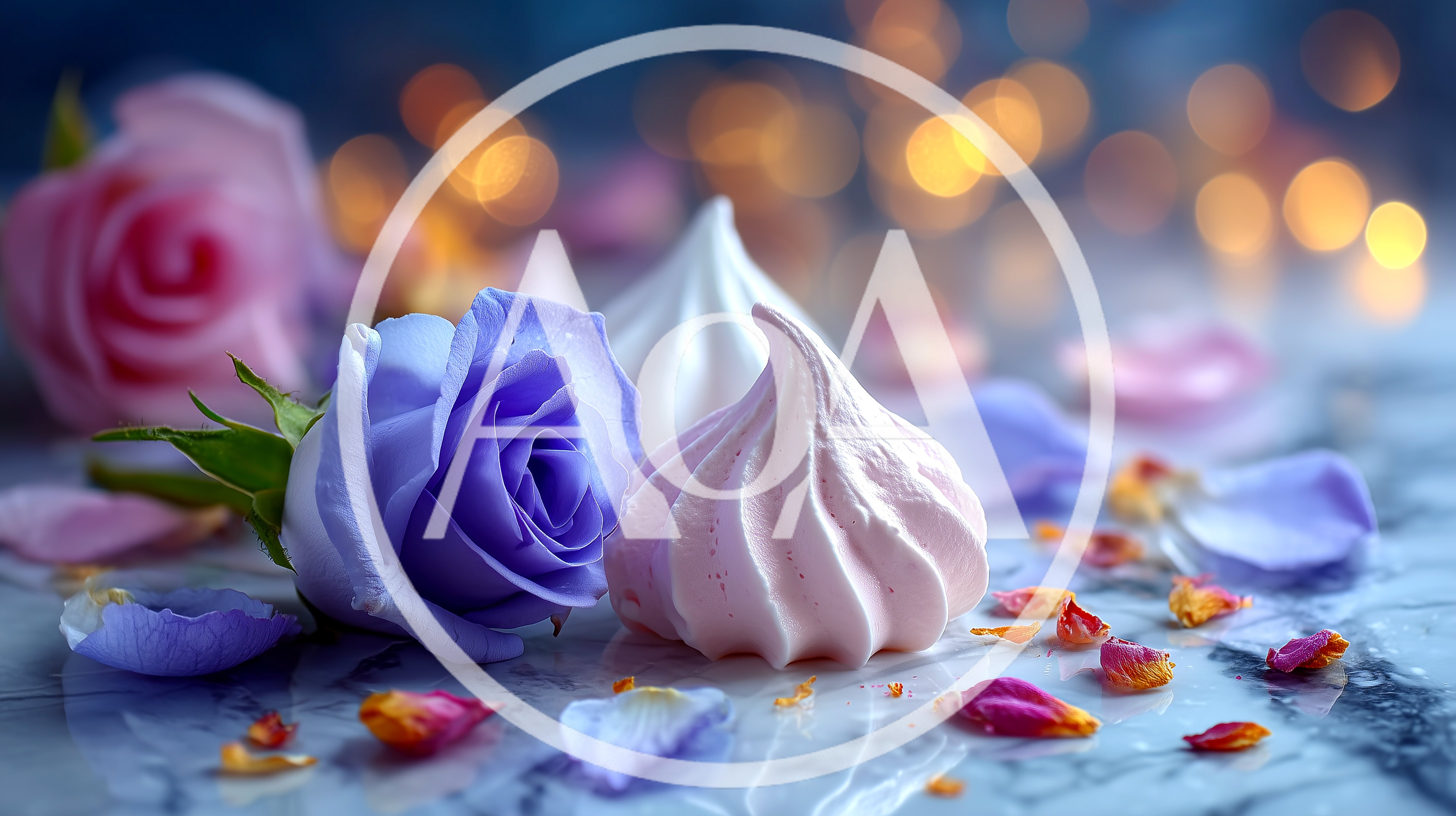 Blue Rose and Pink Meringue Cookies on Marble