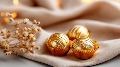 Three Gold Wrapped Chocolate Truffles On Fabric