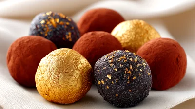 Assorted Gourmet Chocolate Truffles On A White Cloth
