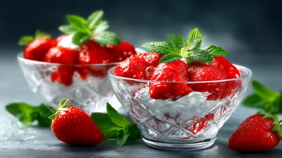 Fresh Strawberries With Whipped Cream In Glass Bowls