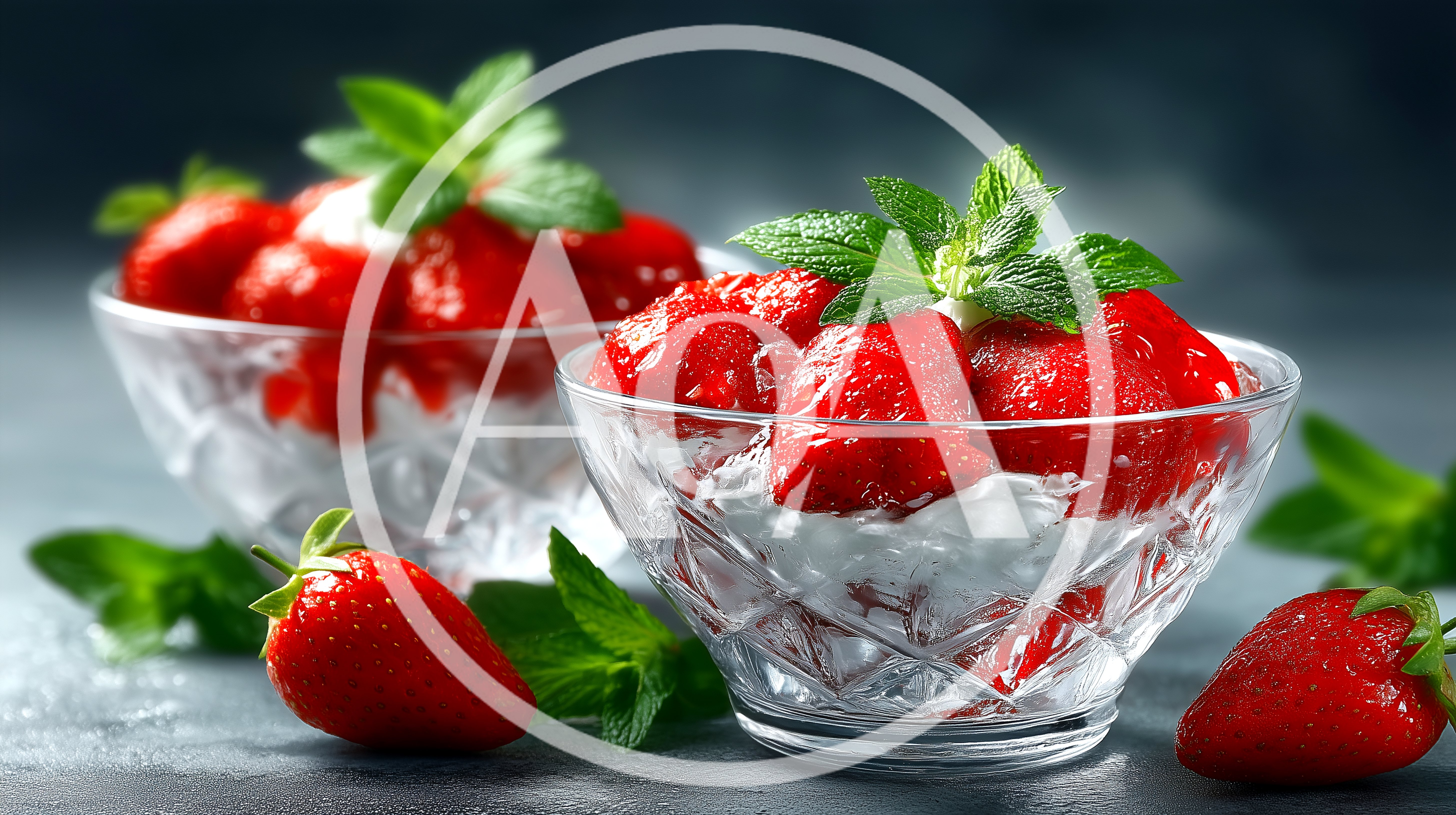 Fresh Strawberries With Whipped Cream In Glass Bowls