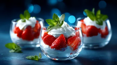 Three Glass Bowls Of Fresh Strawberry Cream Dessert