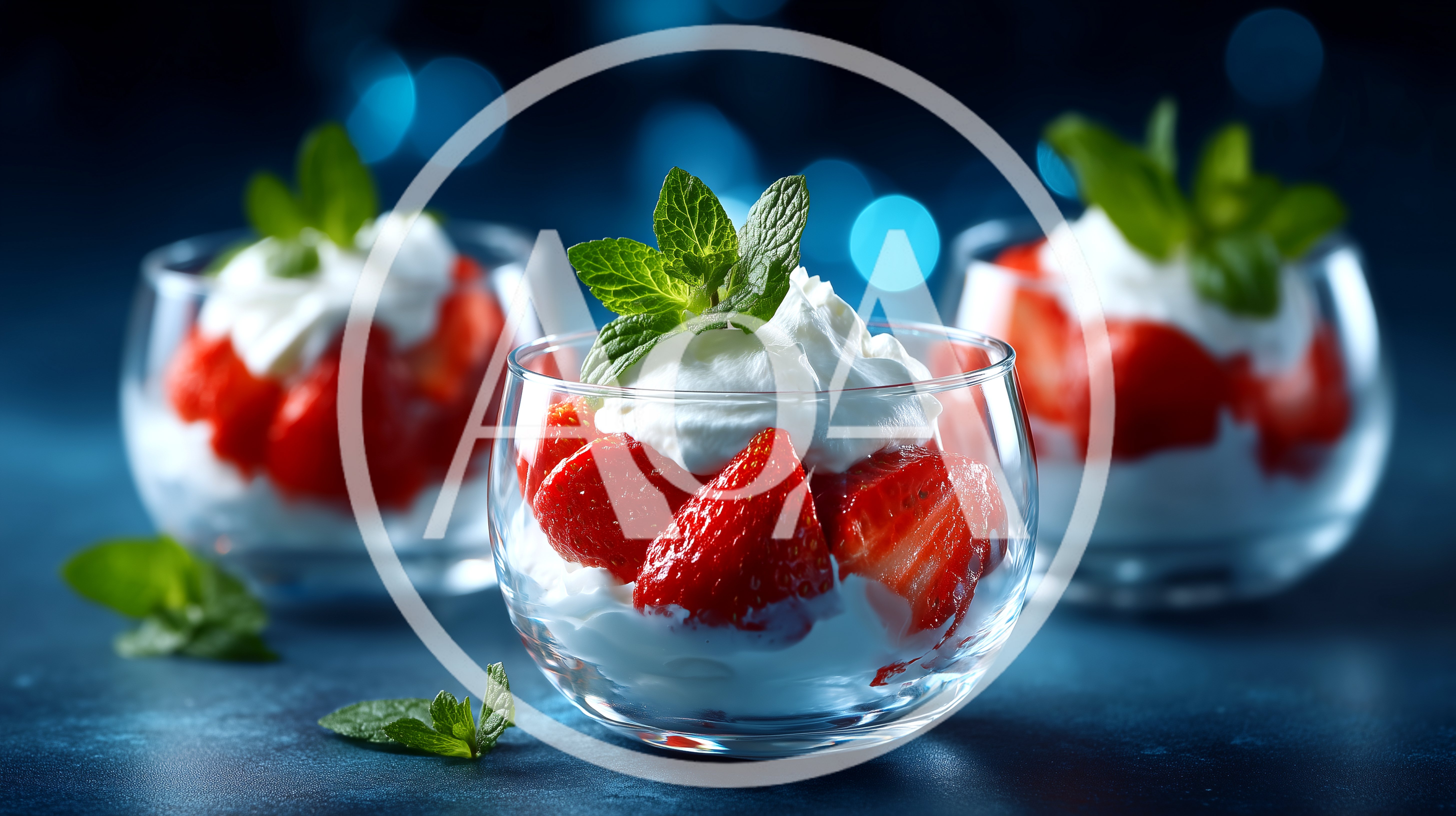 Three Glass Bowls Of Fresh Strawberry Cream Dessert