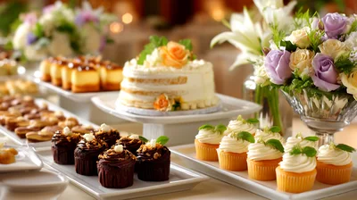 Elegant Dessert Buffet Table With Cakes And Cupcakes