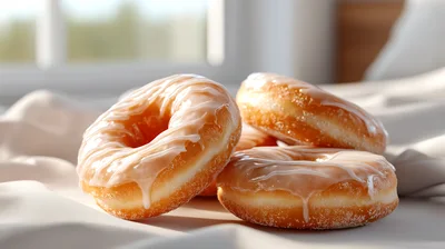 Glazed Donuts Resting On A Soft Fabric Surface