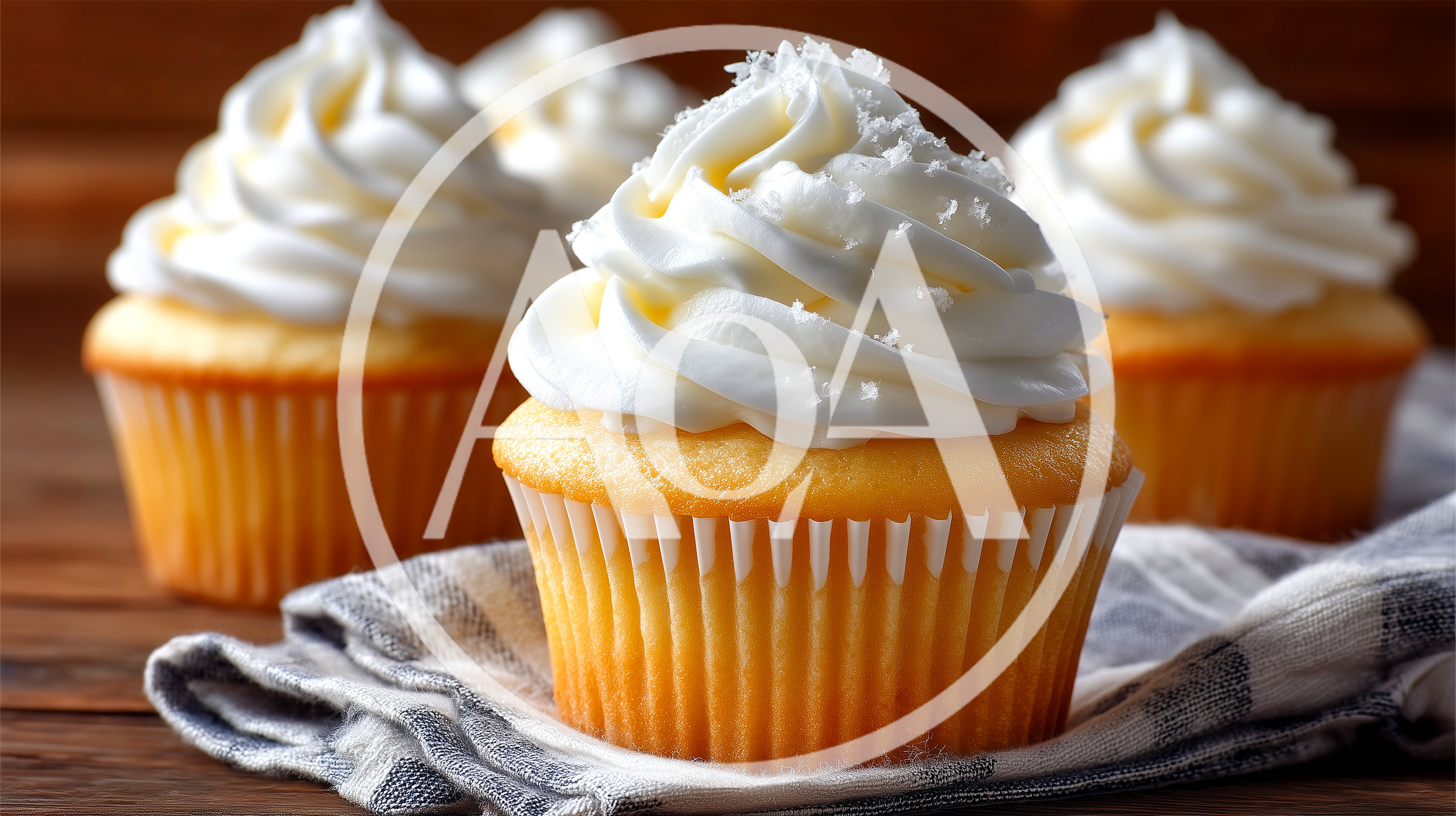 Three Vanilla Cupcakes With White Frosting On Cloth