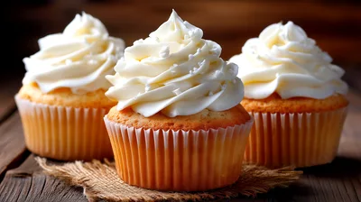 Three Vanilla Cupcakes With White Frosting