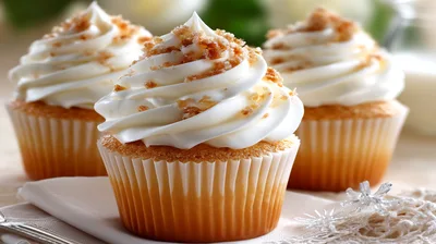 Three Vanilla Cupcakes With Cream Frosting And Crumbs