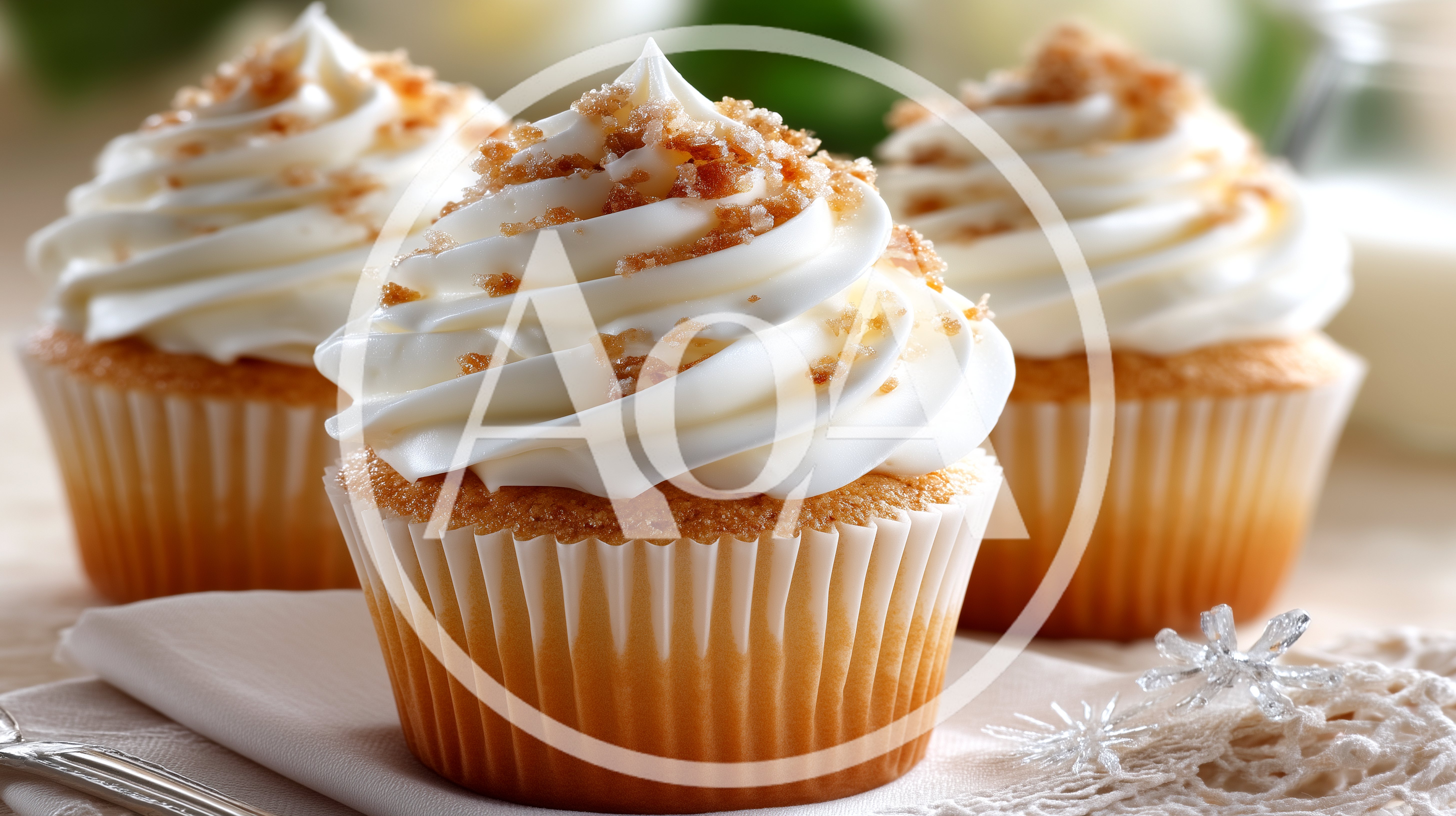 Three Vanilla Cupcakes With Cream Frosting And Crumbs
