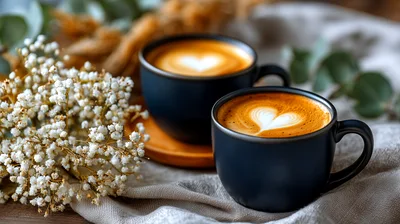 Two Cups Of Coffee With Heart Latte Art