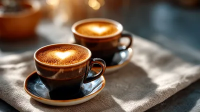 Two Cups Of Coffee With Heart Latte Art
