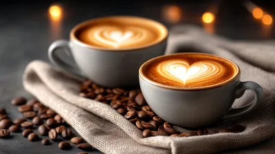 Two Cups Of Latte Art Coffee With Coffee Beans