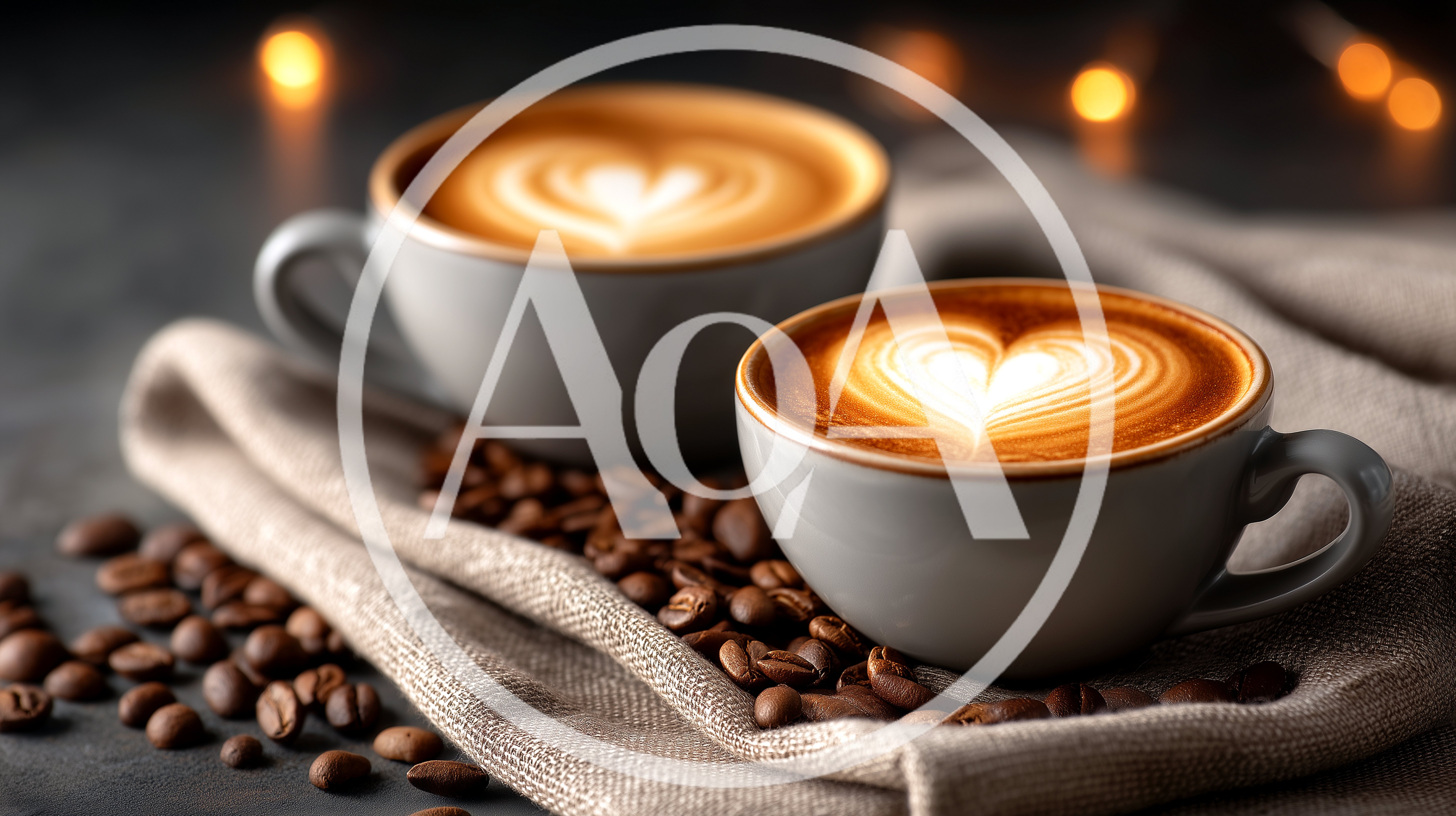 Two Cups Of Latte Art Coffee With Coffee Beans