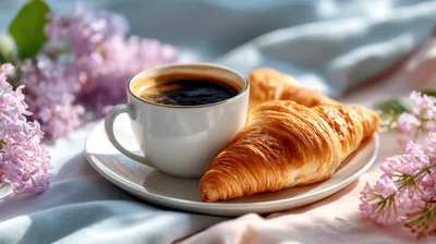 Morning Coffee And Fresh Croissant With Lilac Flowers