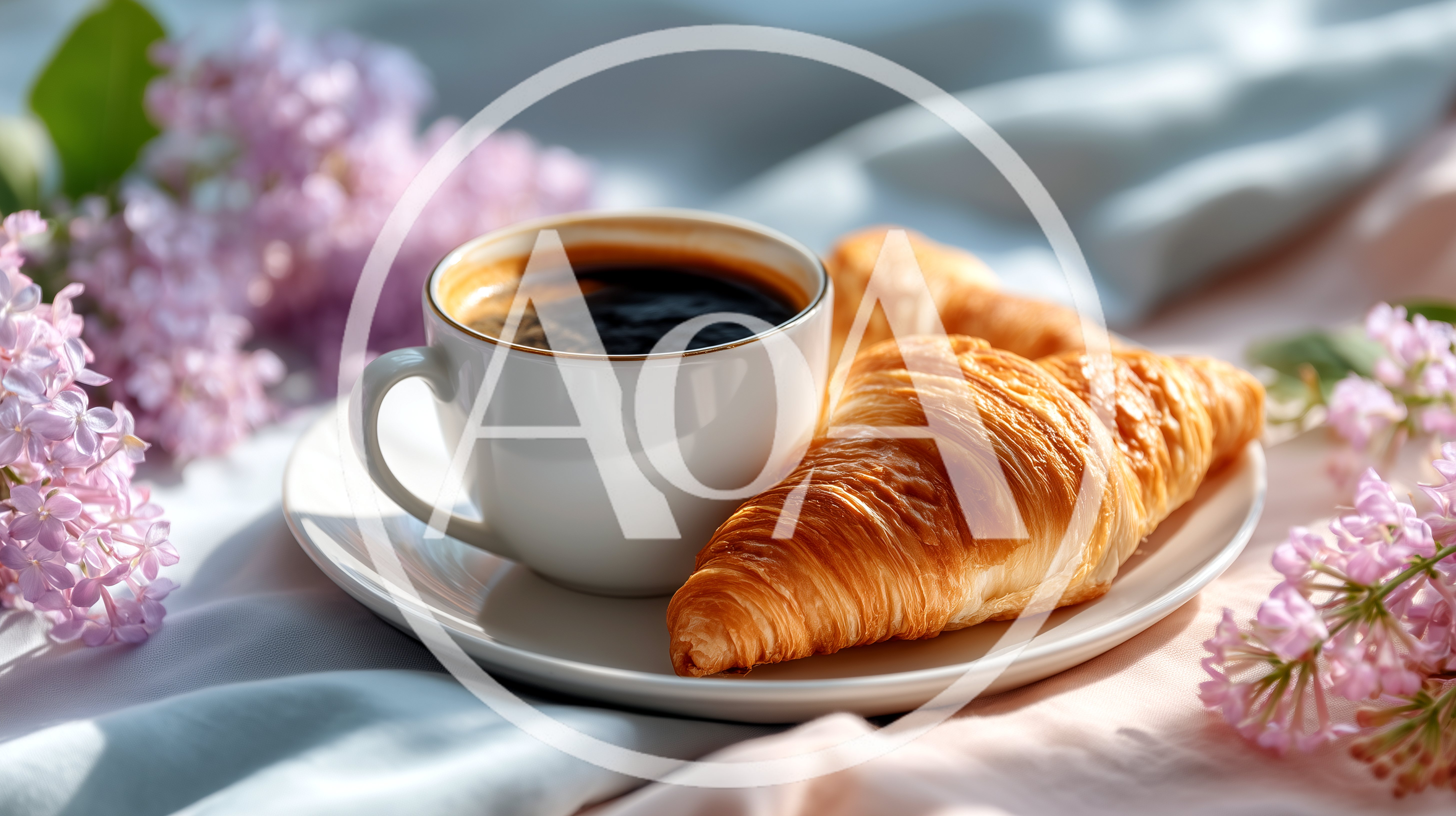Morning Coffee And Fresh Croissant With Lilac Flowers