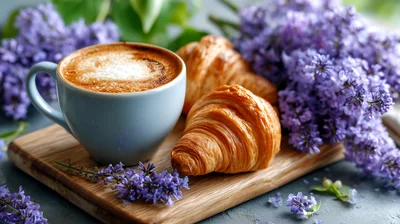 Coffee Cup and Croissants With Lilac Flowers