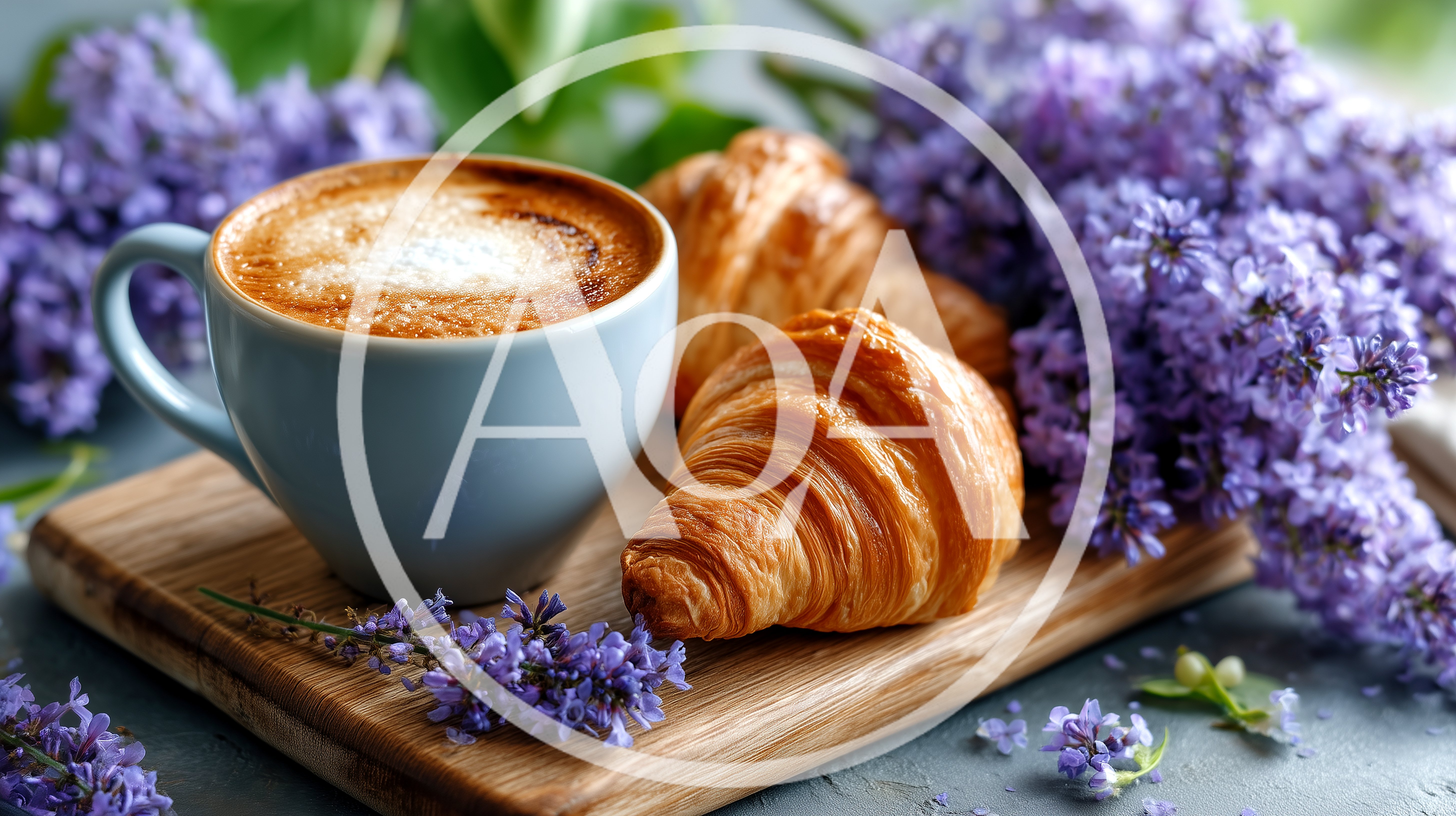 Coffee Cup and Croissants With Lilac Flowers