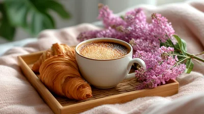 Breakfast Tray With Croissants Coffee And Lilac Flowers
