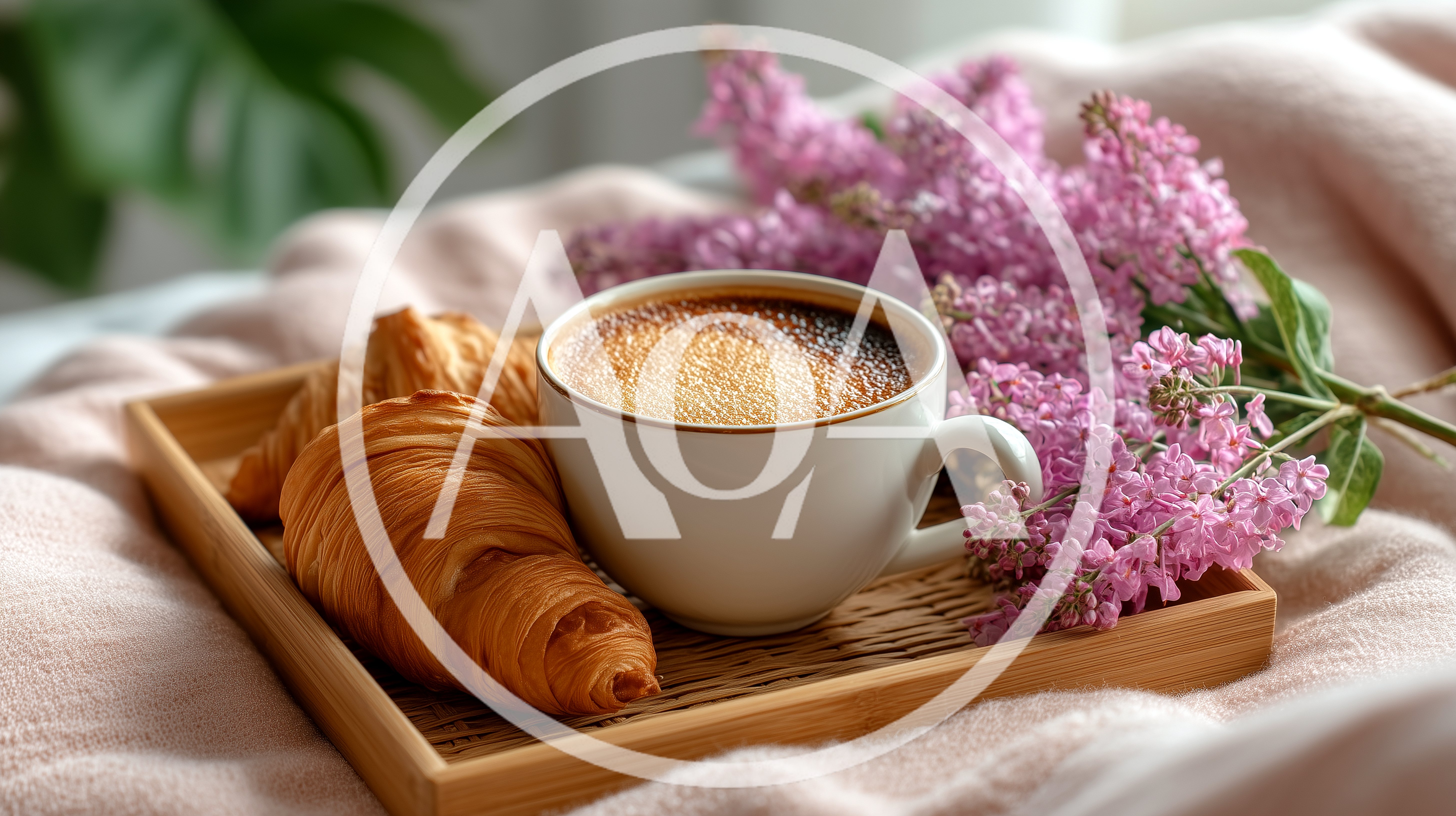 Breakfast Tray With Croissants Coffee And Lilac Flowers