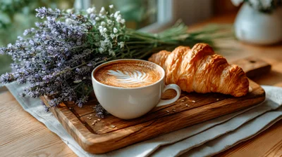 Coffee Cup And Croissant On Wooden Serving Board