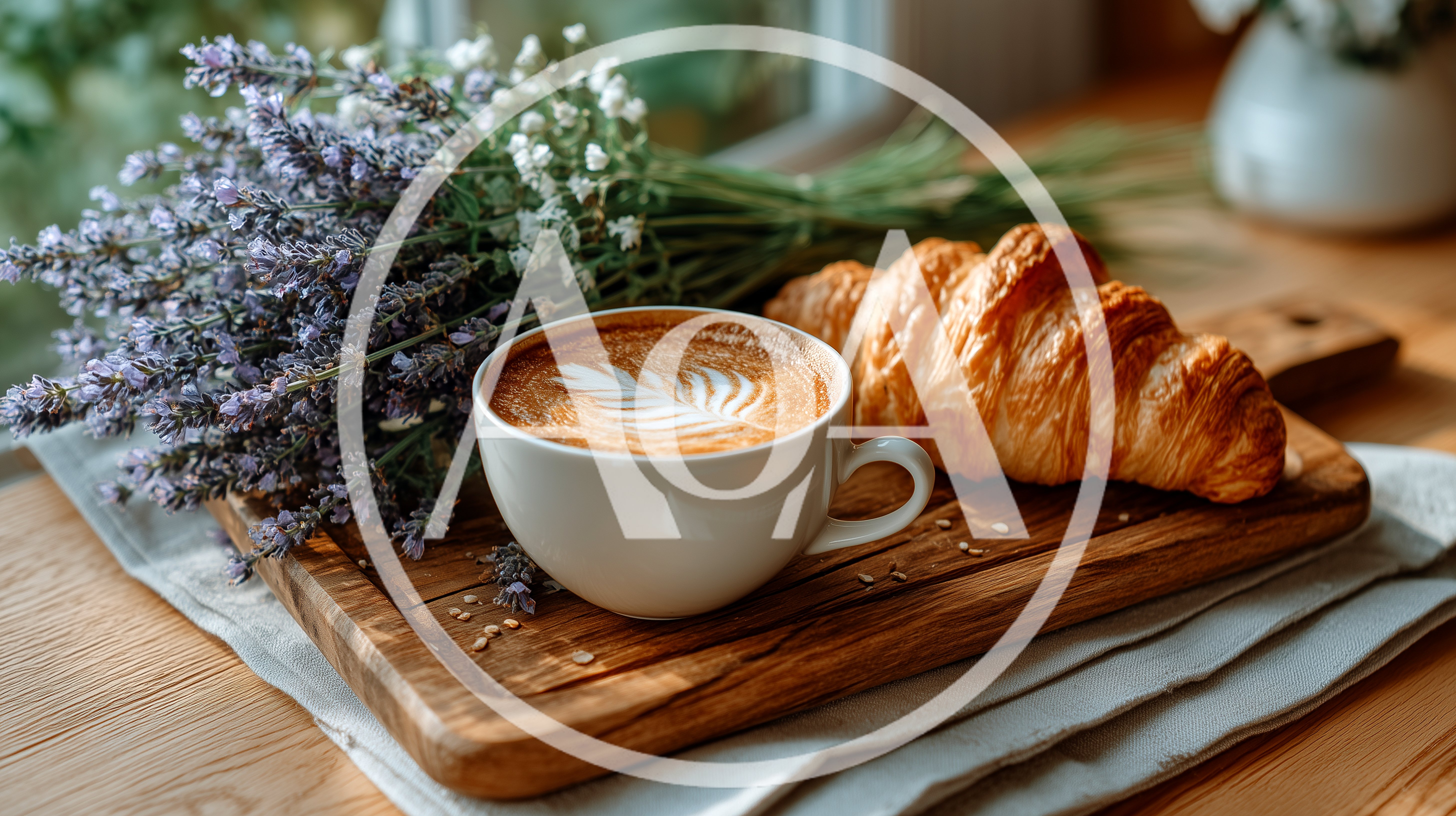 Coffee Cup And Croissant On Wooden Serving Board