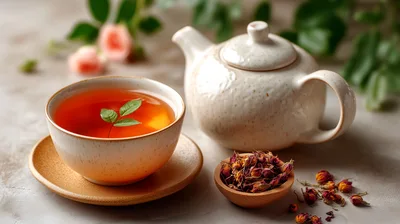 Cup Of Rose Tea With Teapot And Dried Buds
