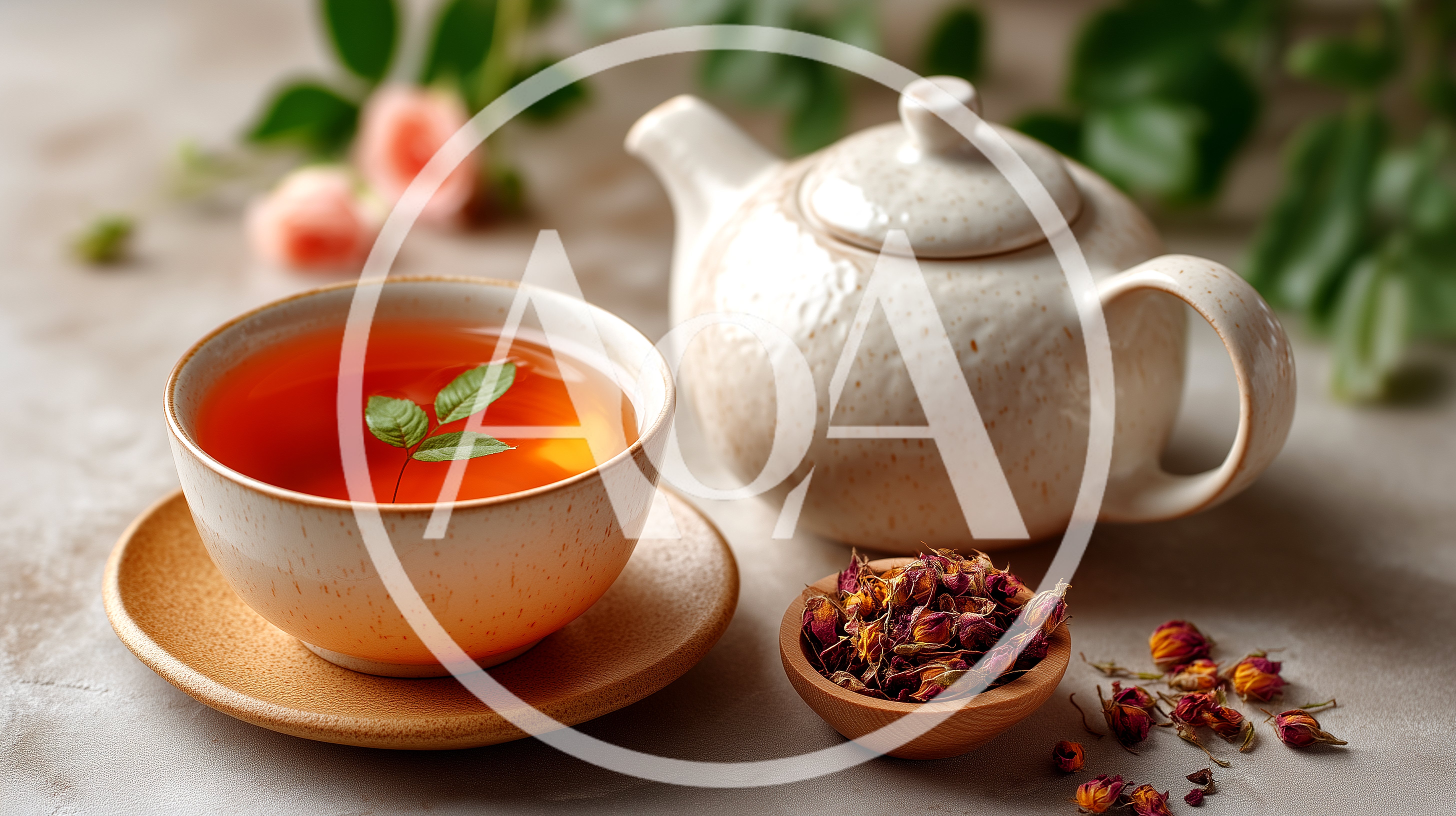Cup Of Rose Tea With Teapot And Dried Buds