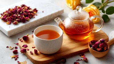 Glass Teapot And Cup With Dried Rose Buds