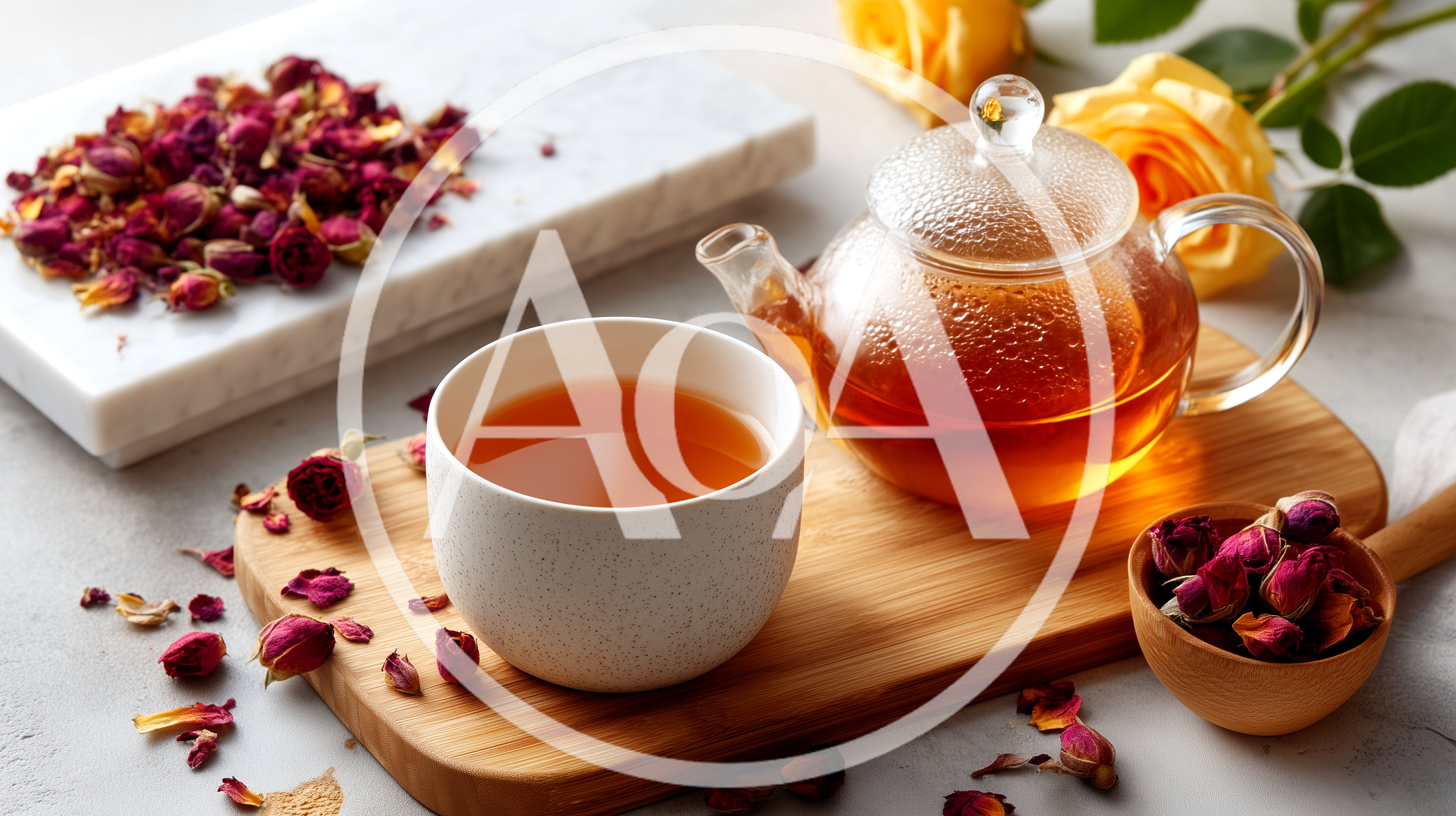 Glass Teapot And Cup With Dried Rose Buds
