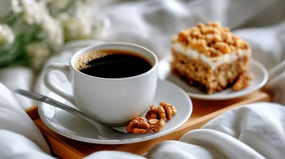 Morning Coffee And Walnut Cake On A Bed Tray