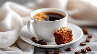 Cup Of Black Coffee With Brown Sugar And Beans