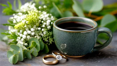 Wedding Rings Beside A Coffee Cup And Floral Bouquet