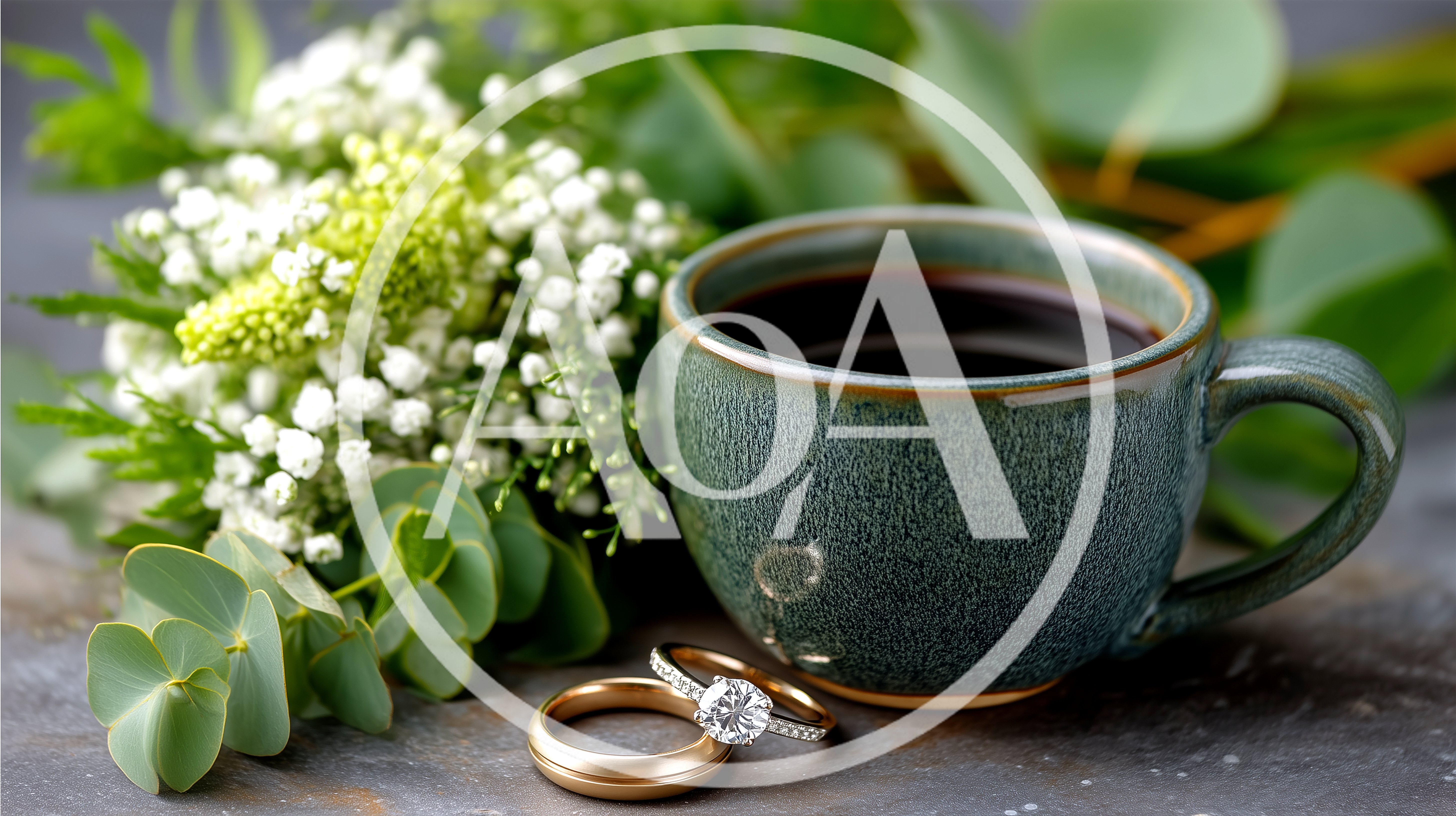 Wedding Rings Beside A Coffee Cup And Floral Bouquet