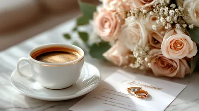 Wedding Rings And Coffee Cup On Marble Table
