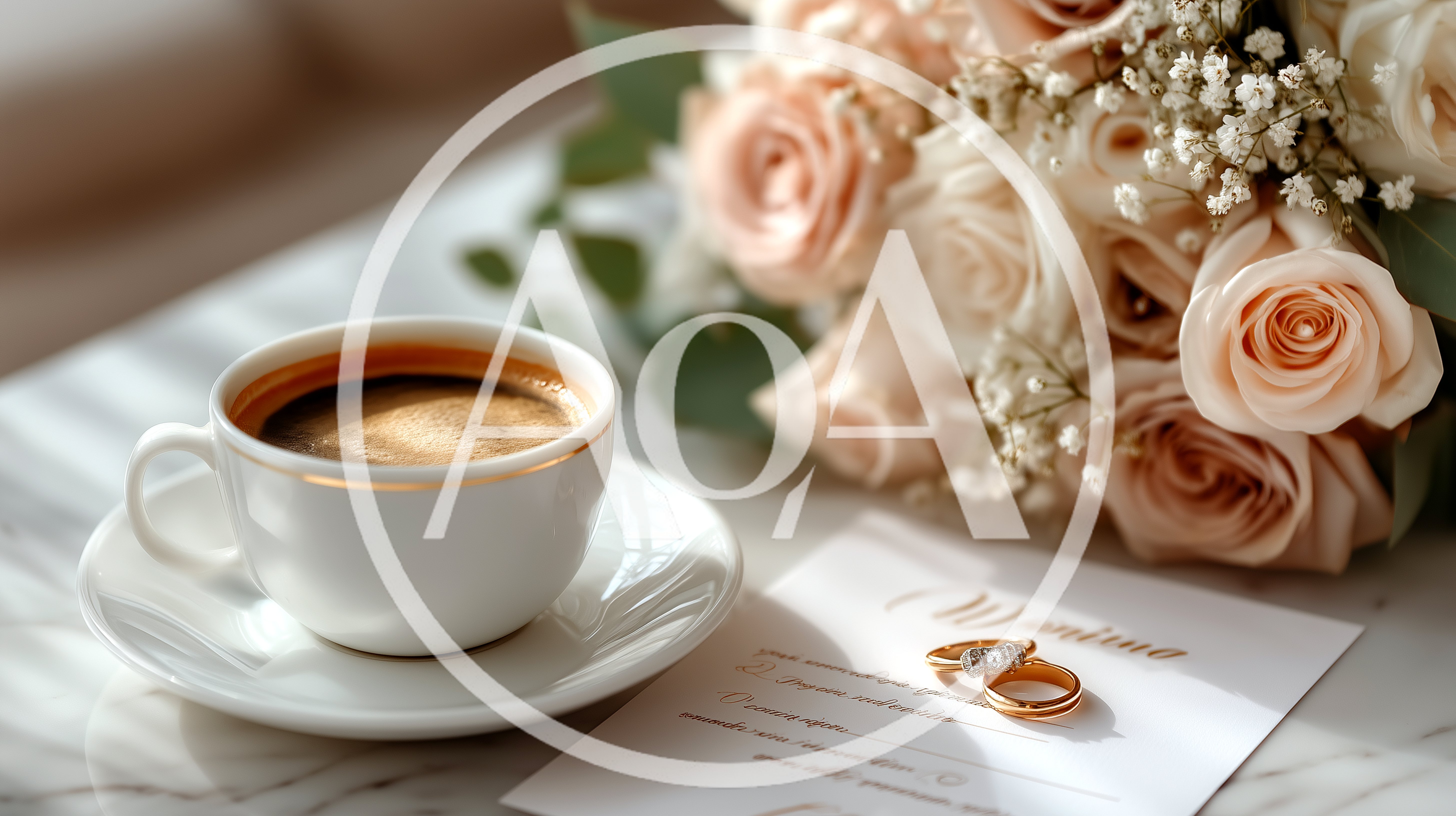 Wedding Rings And Coffee Cup On Marble Table