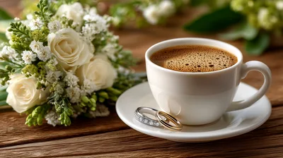 Wedding Rings Beside A Cup Of Coffee And Flowers