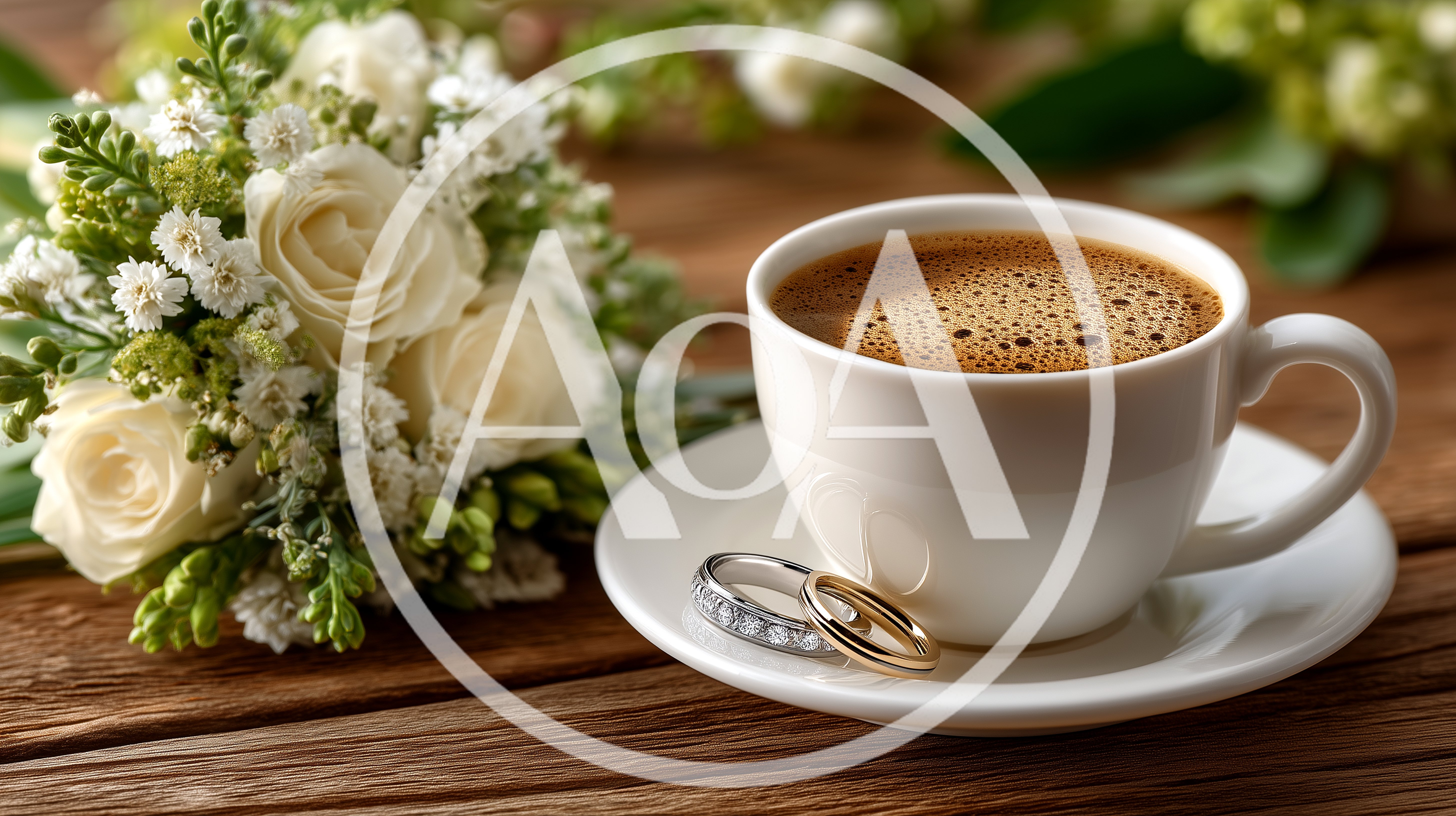 Wedding Rings Beside A Cup Of Coffee And Flowers