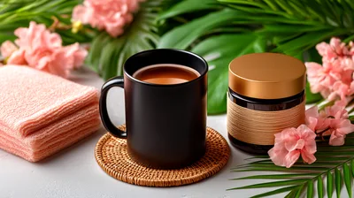 Black Coffee Mug And Skincare Jar On Tropical Background