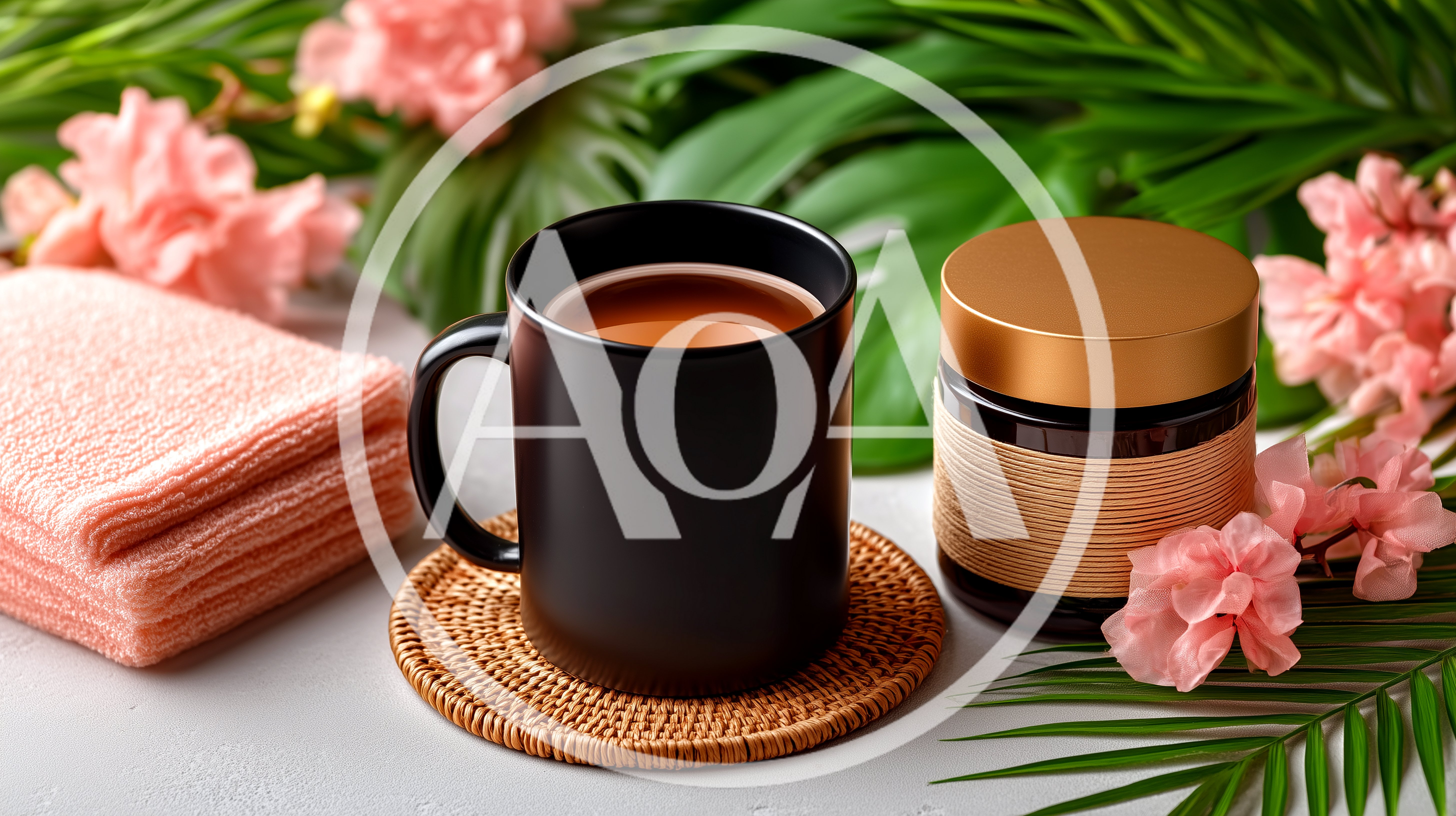 Black Coffee Mug And Skincare Jar On Tropical Background