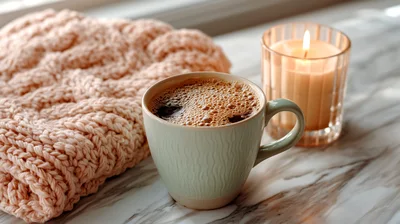 Cozy Morning Coffee With Knit Blanket And Candle