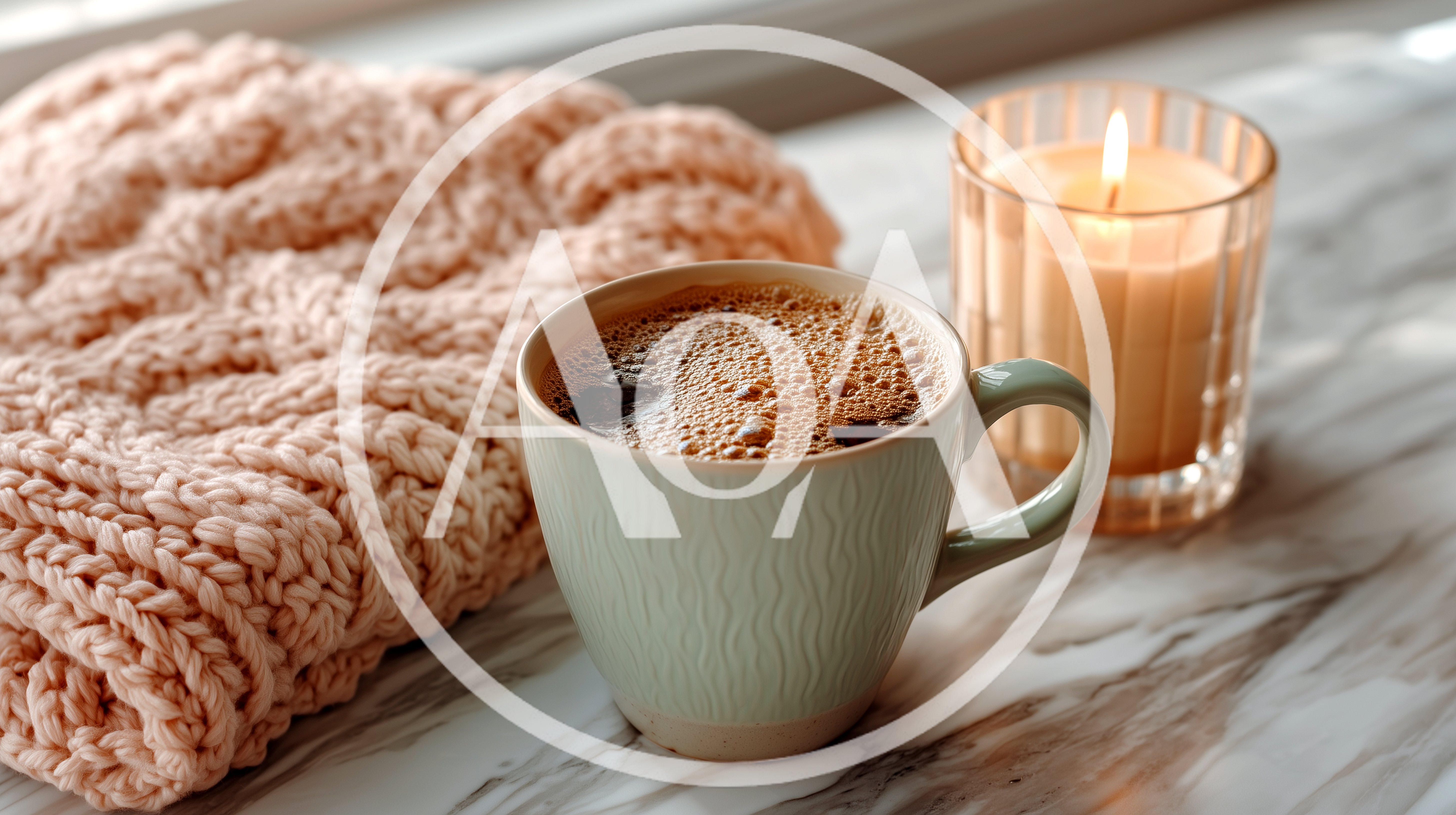Cozy Morning Coffee With Knit Blanket And Candle