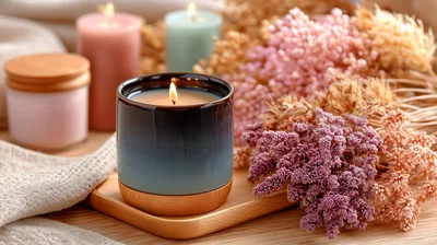 Lit Scented Candle With Dried Flowers And Decor