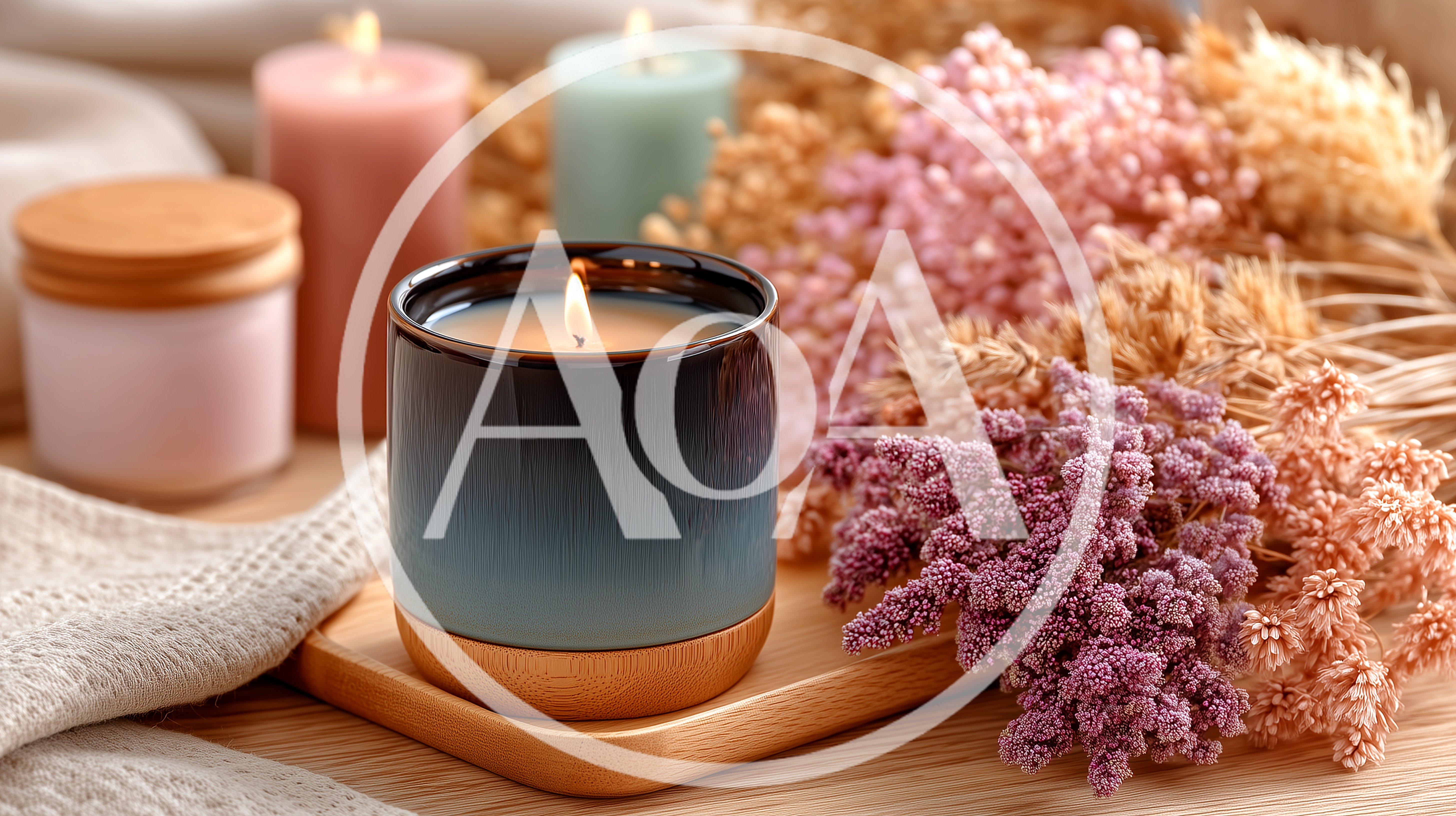 Lit Scented Candle With Dried Flowers And Decor